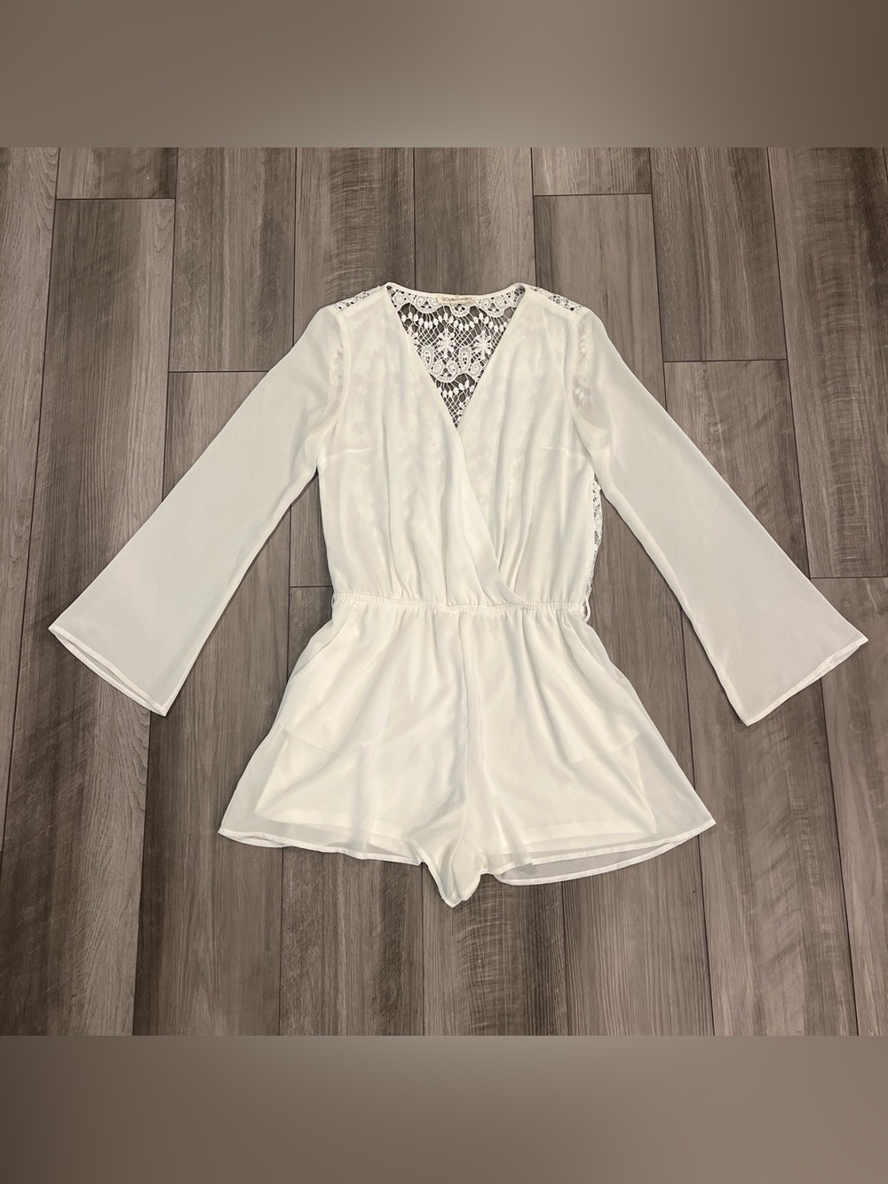 Double Zero White Lace-Back Long Sleeve Romper